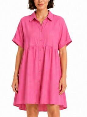 New Umgee S 4 6 8 Sheer Rose Pink Short Sleeve Button Down Back Tiered Dress